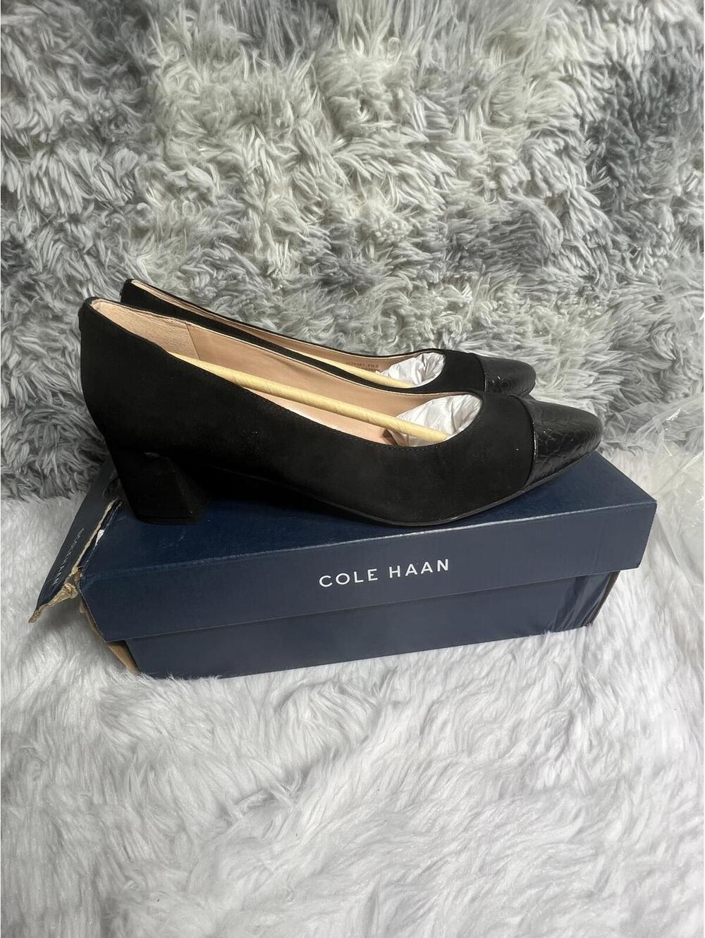 Cole Haan Black Low Block Heel Pumps with Croc-Embossed Toe - Picture 3 of 9